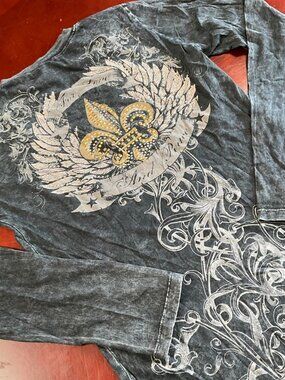 Womens Affliction Style Acid Wash Graphic Long Sleeve Distressed Tee (XSmall)